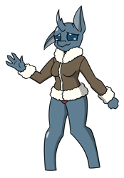 Size: 1336x1920 | Tagged: safe, artist:sneetymist, oc, oc only, oc:illye, changedling, changeling, anthro, unguligrade anthro, bomber jacket, breasts, clothes, female, jacket, panties, parka, pink underwear, solo, stressed, underwear, waving