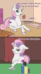Size: 1000x1800 | Tagged: safe, artist:aterhut, sweetie belle, pony, unicorn, g4, 2 panel comic, blackjack, comic, cutie mark, eating, female, food, gambling, glowing horn, horn, muffin, pizza box, playing card, poker chips, solo, technically correct, the cmc's cutie marks