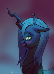 Size: 1455x2000 | Tagged: safe, artist:aterhut, queen chrysalis, changeling, changeling queen, g4, bust, crown, female, floppy ears, forked tongue, jewelry, profile, regalia, solo, tongue out