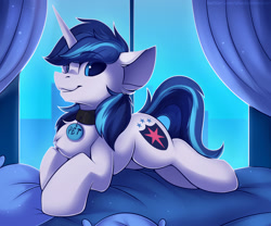 Size: 1500x1250 | Tagged: safe, artist:shadowreindeer, shining armor, pony, unicorn, g4, bed, chest fluff, collar, cute, eye clipping through hair, looking at you, lying down, male, pet tag, pony pet, prone, shining adorable, smiling, solo, stallion