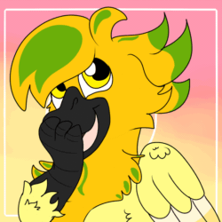 Size: 900x900 | Tagged: safe, artist:euspuche, part of a set, oc, oc only, oc:mimic, griffon, pony, animated, bouncing, bust, gif, laughing, portrait, simple background, smiling, tweening