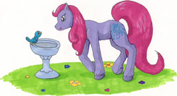 Size: 1533x832 | Tagged: safe, artist:rikakitty, wingsong, bird, earth pony, pony, g2, female, fountain, long tail, solo