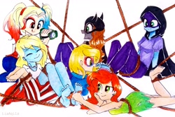 Size: 3299x2210 | Tagged: safe, artist:liaaqila, oc, oc only, oc:barbat gordon, oc:har-harley queen, oc:kara krypta, oc:nite-wing, oc:poison ivy (ice1517), oc:poison joke (ice1517), icey-verse, equestria girls, g4, barefoot, bondage, camera, cape, clothes, commission, dress, ear piercing, earring, equestria girls-ified, eyes closed, eyeshadow, family, feather, feet, female, fetish, foot fetish, gloves, heterochromia, high res, hood, jacket, jeans, jewelry, karabat, laughing, leather jacket, lesbian, magical lesbian spawn, makeup, mask, mother and child, mother and daughter, multicolored hair, oc x oc, offspring, open mouth, pants, parent:oc:barbat gordon, parent:oc:har-harley queen, parent:oc:kara krypta, parent:oc:poison ivy (ice1517), parents:karabat, parents:oc x oc, parents:poisonqueen, piercing, poisonqueen, recording, rope, rope bondage, shipping, shirt, simple background, sitting, skirt, soles, stifling laughter, t-shirt, tank top, tickle torture, tickling, tongue out, traditional art, video camera, white background