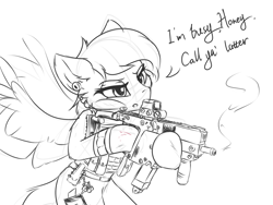 Size: 2400x1800 | Tagged: safe, artist:ravistdash, oc, oc only, oc:ravist, pegasus, pony, semi-anthro, arm hooves, armor, bipedal, blood, dialogue, ear fluff, earpiece, eotech, gun, kriss vector, monochrome, solo, talking, weapon, wings