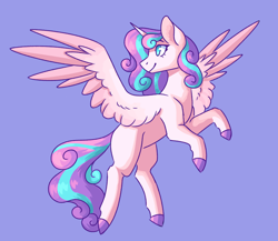 Size: 2300x2000 | Tagged: safe, artist:flaming-trash-can, princess flurry heart, alicorn, pony, g4, blank flank, female, flying, high res, hooves, looking back, mare, older, older flurry heart, simple background, smiling, solo