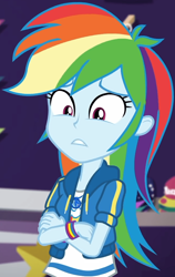 Size: 653x1035 | Tagged: safe, screencap, rainbow dash, dashing through the mall, equestria girls, equestria girls series, g4, holidays unwrapped, spoiler:eqg series (season 2), canterlot mall, clothes, cloud, cropped, crossed arms, cute, dashabetes, female, geode of super speed, hoodie, jacket, jewelry, looking down, magical geodes, multicolored hair, necklace, pants, rainbow, rainbow hair, shirt, short sleeves, store, t-shirt, thunderbolt, wristband