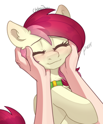 Size: 2500x3000 | Tagged: safe, artist:chibadeer, roseluck, human, pony, g4, behaving like a cat, collar, commissioner:doom9454, cute, daaaaaaaaaaaw, eyes closed, fluffy, hand, high res, human on pony petting, petting, pony pet, purring, rosepet, simple background, white background