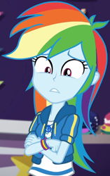 Size: 652x1035 | Tagged: safe, screencap, rainbow dash, dashing through the mall, equestria girls, equestria girls specials, g4, my little pony equestria girls: better together, my little pony equestria girls: holidays unwrapped, canterlot mall, clothes, cloud, cropped, crossed arms, cute, dashabetes, female, geode of super speed, hoodie, jacket, jewelry, looking down, magical geodes, multicolored hair, necklace, pants, rainbow, rainbow hair, shirt, short sleeves, store, t-shirt, thunderbolt, wristband