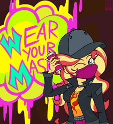 Size: 4547x5000 | Tagged: safe, artist:dncsamsonart, sunset shimmer, display of affection, equestria girls, g4, my little pony equestria girls: better together, baseball cap, cap, coronavirus, covid-19, female, flanksy, geode of empathy, graffiti, hat, magical geodes, mask, mouthpiece, one eye closed, public service announcement, spray paint, wink, winking at you
