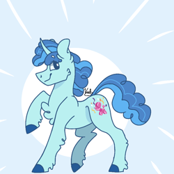 Size: 768x768 | Tagged: safe, artist:valkiria, derpibooru exclusive, party favor, pony, unicorn, g4, blue background, chest fluff, cute, favorbetes, horn, male, raised hoof, simple background, smiling, solo, stallion