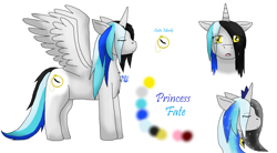 Size: 1964x1084 | Tagged: safe, artist:midnighttheumbreon, oc, oc only, oc:fate, alicorn, pony, alicorn oc, bust, eyes closed, female, horn, reference sheet, simple background, solo, white background, wings