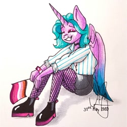 Size: 1080x1080 | Tagged: safe, artist:galaxy.in.mind, oc, oc only, oc:angela, alicorn, anthro, alicorn oc, bracelet, choker, clothes, eyes closed, female, fishnet stockings, flag, horn, jewelry, shoes, shorts, signature, sitting, traditional art, wings