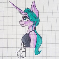 Size: 1080x1080 | Tagged: safe, artist:galaxy.in.mind, oc, oc only, oc:angela, unicorn, anthro, bust, clothes, female, graph paper, horn, looking up, signature, smiling, traditional art, unicorn oc