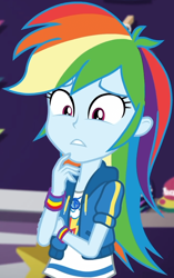 Size: 651x1035 | Tagged: safe, screencap, rainbow dash, dashing through the mall, equestria girls, equestria girls specials, g4, my little pony equestria girls: better together, my little pony equestria girls: holidays unwrapped, canterlot mall, clothes, cloud, cropped, crossed arm, cute, dashabetes, female, geode of super speed, hoodie, jacket, jewelry, looking down, magical geodes, multicolored hair, necklace, pants, rainbow, rainbow hair, shirt, short sleeves, store, t-shirt, thunderbolt, wristband