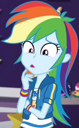 Size: 639x1035 | Tagged: safe, screencap, rainbow dash, dashing through the mall, equestria girls, equestria girls series, g4, holidays unwrapped, spoiler:eqg series (season 2), canterlot mall, clothes, cloud, cropped, crossed arm, cute, dashabetes, female, geode of super speed, hoodie, jacket, jewelry, looking down, magical geodes, necklace, pants, rainbow, shirt, short sleeves, store, t-shirt, thunderbolt, wristband