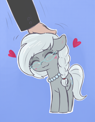 Size: 1160x1480 | Tagged: safe, artist:t72b, silver spoon, earth pony, human, pony, g4, behaving like a cat, blushing, cute, daaaaaaaaaaaw, disembodied hand, eyes closed, female, filly, floppy ears, glasses, hand, happy, head pat, heart, human on pony petting, jewelry, mare, messy mane, necklace, pat, pearl necklace, petting, scratching, silverbetes, simple background, solo focus, weapons-grade cute