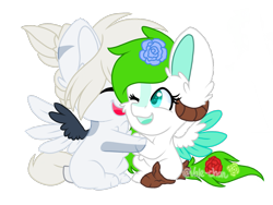 Size: 1439x1080 | Tagged: safe, artist:silentwolf-oficial, oc, oc only, pegasus, pony, chibi, duo, flower, flower in hair, hug, one eye closed, open mouth, pegasus oc, simple background, transparent background, two toned wings, wings, wink