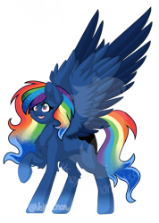 Size: 1080x1513 | Tagged: safe, artist:silentwolf-oficial, oc, oc only, oc:crescent star, pegasus, pony, ethereal mane, multicolored hair, open mouth, pegasus oc, rainbow hair, red eyes, simple background, solo, starry mane, transparent background, watermark, wings