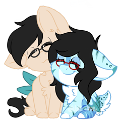 Size: 1080x1145 | Tagged: safe, artist:silentwolf-oficial, oc, oc only, pegasus, pony, chest fluff, chibi, colored hooves, colored pinnae, cuddling, duo, eyes closed, glasses, pale belly, pegasus oc, simple background, transparent background, two toned wings, wings