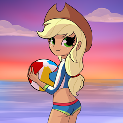 Size: 2531x2531 | Tagged: safe, artist:tjpones, applejack, equestria girls, g4, applebutt, applejack's beach shorts swimsuit, ass, beach, beach ball, beach shorts swimsuit, bikini, bikini bottom, breasts, busty applejack, butt, clothes, cute, female, high res, jackabetes, looking at you, looking back, looking back at you, midriff, ocean, smiling, solo, sunset, swimsuit