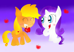 Size: 1383x987 | Tagged: safe, artist:ameliayap, applejack, rarity, earth pony, pony, unicorn, g4, apple, duo, female, filly, food