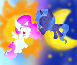 Size: 1666x1407 | Tagged: safe, artist:ameliayap, princess celestia, princess luna, alicorn, pony, g4, cute, duo, female, filly, moon, sun, younger