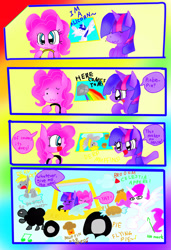 Size: 1589x2322 | Tagged: safe, artist:ameliayap, derpy hooves, pinkie pie, princess celestia, shining armor, twilight sparkle, alicorn, earth pony, pony, unicorn, g4, car, comic, driving, female, race swap, wat