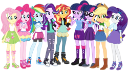 Size: 1024x574 | Tagged: safe, artist:emeraldblast63, applejack, fluttershy, pinkie pie, rainbow dash, rarity, sci-twi, starlight glimmer, sunset shimmer, twilight sparkle, equestria girls, g4, beanie, boots, clothes, converse, feet, female, glasses, hat, humane five, humane seven, humane six, redesign, shoes, simple background, skirt, tank top, transparent background, twilight sparkle (alicorn), twolight
