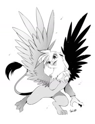 Size: 1224x1584 | Tagged: safe, artist:nekoshiei, gilda, griffon, g4, female, monochrome, open mouth, simple background, solo, spread wings, white background, wings