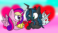 Size: 916x521 | Tagged: safe, artist:ameliayap, princess cadance, queen chrysalis, alicorn, changeling, pony, g4, duo, female, heart