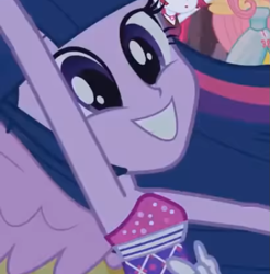 Size: 615x625 | Tagged: safe, screencap, fluttershy, twilight sparkle, alicorn, equestria girls, g4, my little pony equestria girls, armpits, arms in the air, bare shoulders, clothes, cropped, cute, dress, fall formal outfits, female, happy, ponied up, sleeveless, sleeveless dress, smiling, solo focus, strapless, twiabetes, twilight ball dress, twilight sparkle (alicorn)