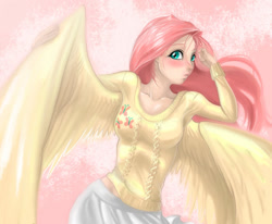 Size: 984x812 | Tagged: artist needed, source needed, safe, fluttershy, human, g4, abstract background, clothes, female, humanized, looking at you, solo, sweater, sweatershy, winged humanization, wings