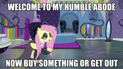 Size: 1200x675 | Tagged: safe, screencap, fluttershy, pony, fake it 'til you make it, g4, caption, clothes, female, fluttergoth, image macro, mare, text