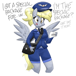 Size: 1500x1500 | Tagged: safe, artist:flutterthrash, derpy hooves, anthro, g4, breasts, busty derpy hooves, clothes, dialogue, equestria's best mailmare, female, hat, mailbag, mailmare, mailmare uniform, simple background, solo, white background