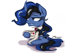 Size: 3000x2250 | Tagged: safe, artist:musical ray, oc, oc only, oc:pain melody, alicorn, pony, alicorn oc, clothes, coffee, coffee mug, cup, evil, eye mist, fangs, folded wings, high res, horn, lidded eyes, male, mug, necktie, oc villain, sharp teeth, shirt, signature, simple background, sitting, solo, stallion, teeth, vest, white background, wings