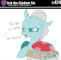 Size: 800x784 | Tagged: safe, artist:sintakhra, color edit, edit, editor:background pony #91z0, ocellus, changedling, changeling, tumblr:studentsix, g4, behaving like a cat, box, changeling in a box, colored, cute, daaaaaaaaaaaw, diaocelles, female, if i fits i sits, looking at you, ocellus is not amused, solo, unamused