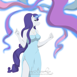 Size: 800x800 | Tagged: safe, artist:therealkyuubi16, rarity, unicorn, anthro, g4, beautisexy, breasts, clothes, commission, dress, female, horn, jewelry, magic, necklace, sexy, side slit, sidemouth, simple background, solo, telekinesis, transparent background