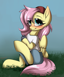 Size: 2050x2424 | Tagged: safe, artist:luxsimx, fluttershy, pegasus, pony, g4, 90s grunge fluttershy, :p, backwards ballcap, baseball cap, blushing, cap, cute, drink, female, gameloft interpretation, hat, high res, shyabetes, sitting, solo, tongue out