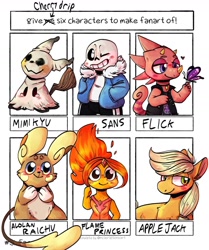 Size: 1080x1290 | Tagged: safe, artist:cherrydrip.art, applejack, butterfly, chameleon, earth pony, mimikyu, pony, raichu, anthro, g4, adventure time, animal crossing, anthro with ponies, bone, clothes, crossover, flame princess, flick, grin, heart, male, missing accessory, one eye closed, pokémon, sans (undertale), six fanarts, skeleton, smiling, undertale, wink