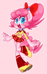 Size: 800x1250 | Tagged: safe, artist:thegreatrouge, pinkie pie, human, g4, clothes, eared humanization, high heels, humanized, kneesocks, open mouth, ribbon, shoes, skirt, socks, tail, tailed humanization