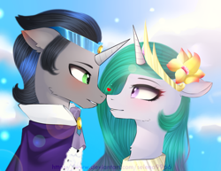 Size: 1280x989 | Tagged: safe, artist:selena9966, idw, king sombra, princess celestia, alicorn, pony, g4, blushing, cute, cutelestia, ear blush, eye contact, female, floppy ears, flower, flower in hair, good king sombra, heart, lens flare, looking at each other, male, ship:celestibra, shipping, sombradorable, straight, watermark