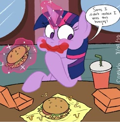 Size: 533x542 | Tagged: safe, artist:retroneb, twilight sparkle, alicorn, pony, g4, burger, drink, eating, fast food, female, food, full mouth, hay burger, horseshoe fries, paper cup, solo, speech bubble, twilight burgkle, twilight sparkle (alicorn)