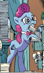 Size: 442x737 | Tagged: safe, idw, blue bureau, earth pony, pony, g4, spoiler:comic, spoiler:comic79, cute, female, glasses, mare, tongue out