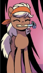Size: 276x461 | Tagged: safe, idw, earth pony, pony, g4, spoiler:comic, spoiler:comic79, blonde, cute, female, hallie hammer, hammer, headband, mare, mouth hold, smiling