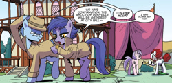 Size: 1496x727 | Tagged: safe, idw, blue beats, key note, synthcord, earth pony, pony, g4, spoiler:comic, spoiler:comic79, clothes, clown, female, male, mare, smiling, stallion, trenchcoat, unnamed character, unnamed pony