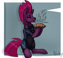 Size: 960x886 | Tagged: dead source, safe, artist:zarioly, tempest shadow, pony, unicorn, g4, armor, bodysuit, broken horn, clothes, cute, eye scar, eyes closed, female, food, horn, indexed png, licking, licking lips, mare, pie, raised hoof, scar, sitting, solo, tempestbetes, tongue out, ych example, your character here