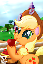 Size: 2486x3729 | Tagged: safe, artist:theretroart88, applejack, earth pony, pony, g4, apple, barn, basket, cowboy hat, cute, cutie mark, eating, female, food, fruit, hat, herbivore, high res, jackabetes, solo, stetson, sweet apple acres