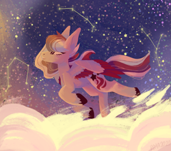 Size: 2271x2005 | Tagged: safe, artist:raya, oc, oc only, oc:dusty ember, pegasus, pony, commission, complex background, constellation, high res, night, pegasus oc, running, solo, stars, unshorn fetlocks, wings
