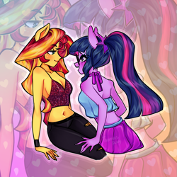 Size: 1955x1953 | Tagged: safe, artist:thomasray, sci-twi, sunset shimmer, twilight sparkle, equestria girls, adorasexy, alternate hairstyle, backless, bedroom eyes, belly button, blushing, bow, bra, bracelet, breasts, cleavage, clothes, crop top bra, cute, eye clipping through hair, eye contact, eyebrows, eyebrows visible through hair, eyelashes, female, glasses, happy, heart, imminent kissing, jeans, jewelry, lesbian, lidded eyes, looking at each other, midriff, open mouth, pants, ponied up, ponytail, scitwishimmer, sexy, shimmerbetes, shipping, short shirt, sideboob, skirt, sleeveless, smiling, sunsetsparkle, tanktop, thighs, torn clothes, twiabetes, underwear, zoom layer