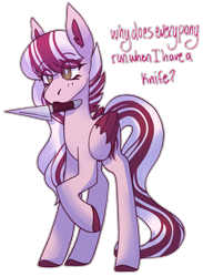 Size: 2307x3157 | Tagged: safe, artist:raya, oc, oc only, oc:dusty ember, pegasus, pony, commission, cute, high res, knife, solo, talking, transparent background